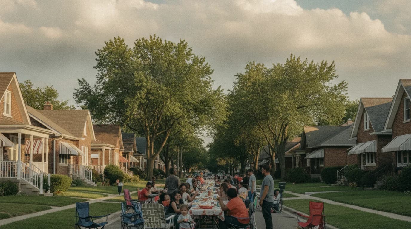 A wide Detroit residential street of brick bungalows closed for a block party, with folding tables and lawn chairs down the middle
