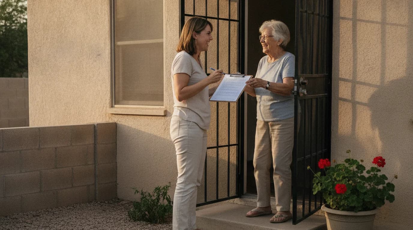 A woman with a clipboard talking with an older neighbor at the front door of a stucco house in El Paso