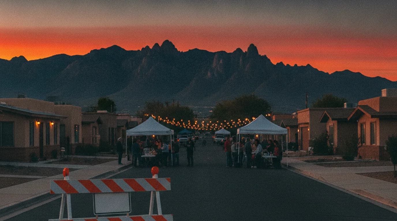 A striped barricade closing off an El Paso street at dusk, with canopies and string lights glowing further down the block
