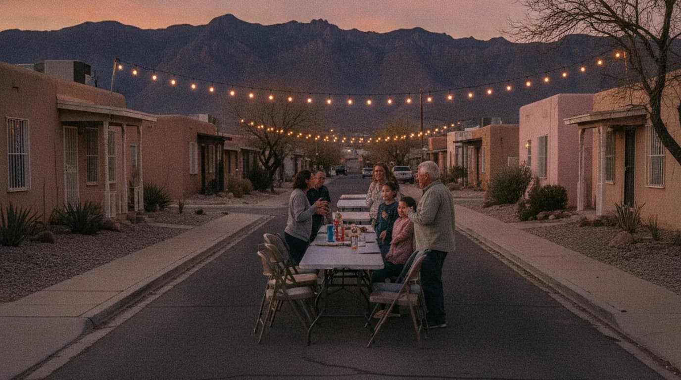Long folding tables set down the middle of a residential El Paso street at dusk, with string lights and the Franklin Mountains behind the houses