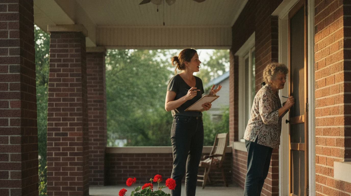 A neighbor holding a clipboard petition on the front porch of a brick bungalow while a resident in the doorway signs it