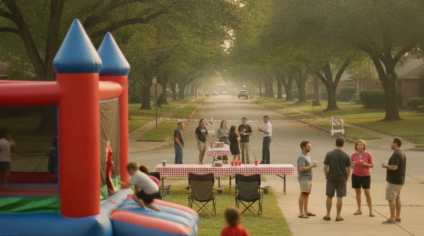 A bounce house set up on a front lawn and driveway while neighbors gather at tables in the closed street beyond