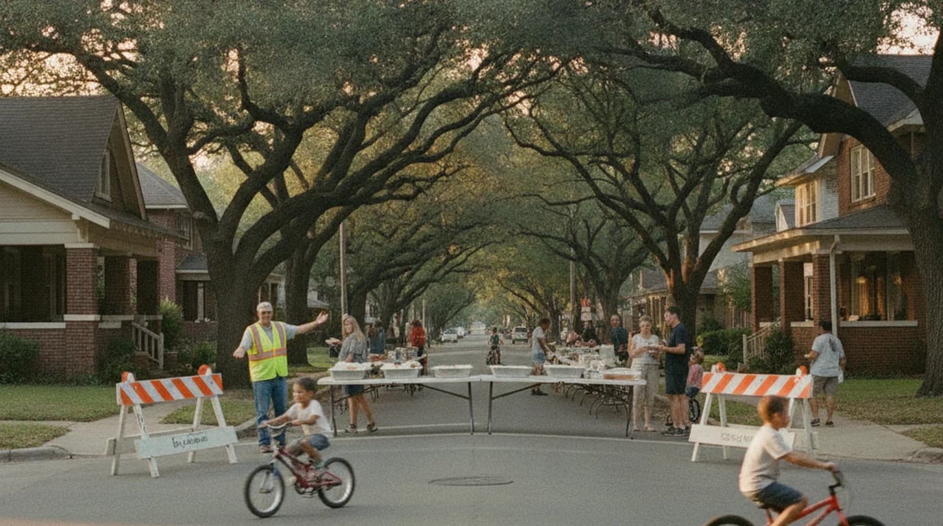 A residential Fort Worth street closed for a block party with barricades at the corner and folding tables set up in the roadway
