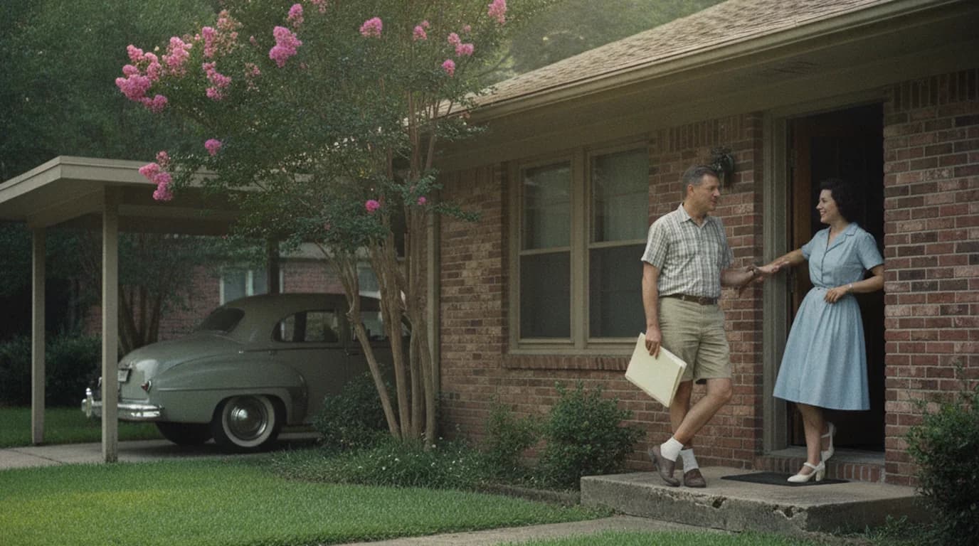 Two neighbors talking at the front door of a Houston brick ranch house, one holding a folder of papers
