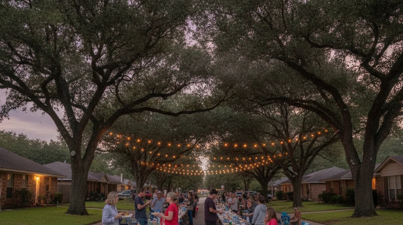 Neighbors at folding tables down the middle of a closed Houston street at dusk under live oaks and string lights