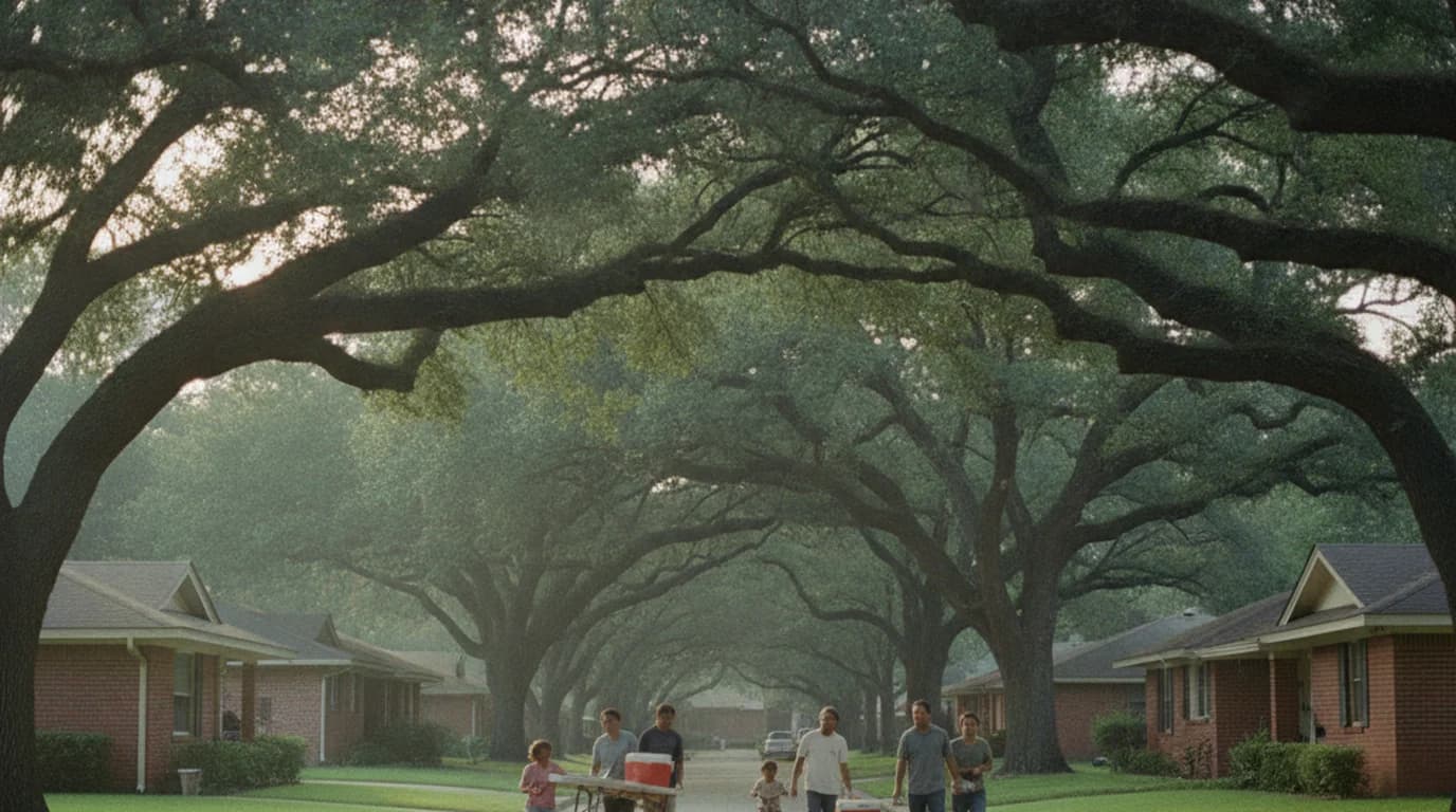 A residential Houston street shaded by large live oaks with neighbors carrying folding tables and coolers into the road at golden hour
