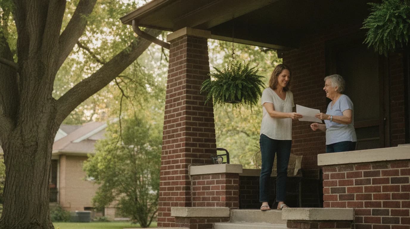 A woman handing a flyer through the screen door of a brick bungalow to a neighbor in Indianapolis