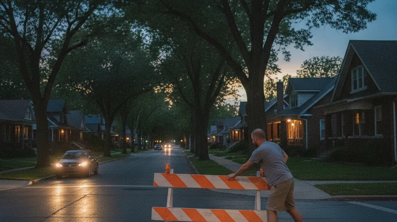 A man moving a traffic barricade aside at the corner of a closed Indianapolis street at dusk