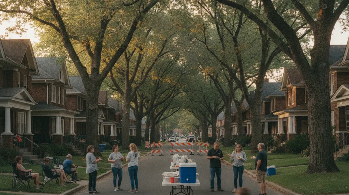 A residential Indianapolis street of brick bungalows closed for a block party, with folding tables in the roadway and neighbors on their front porches
