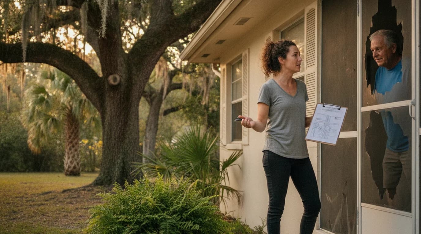 A neighbor holding a clipboard petition talking to a resident in the doorway of a Florida ranch house