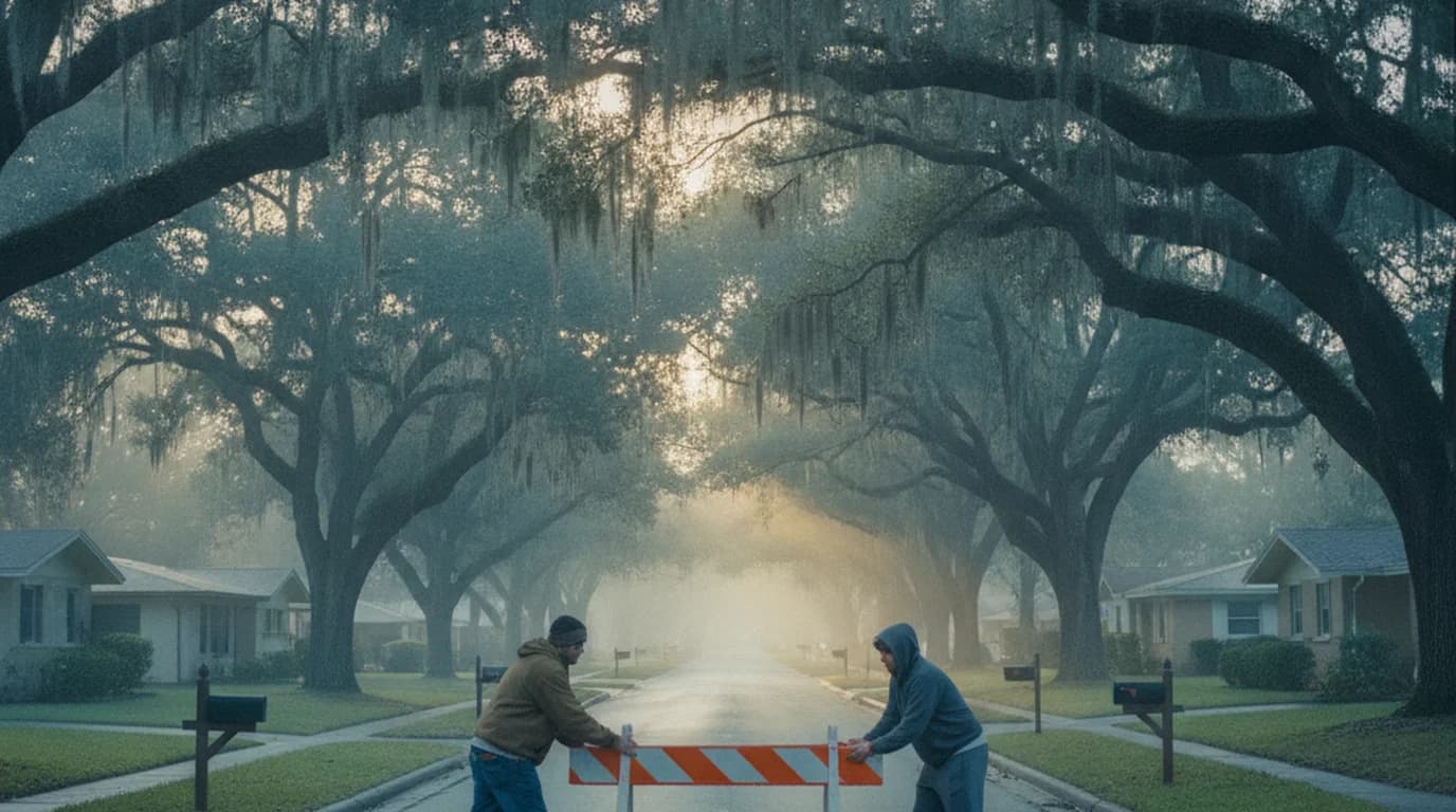 Two people setting a plastic traffic barricade across a quiet residential street at dawn under live oaks