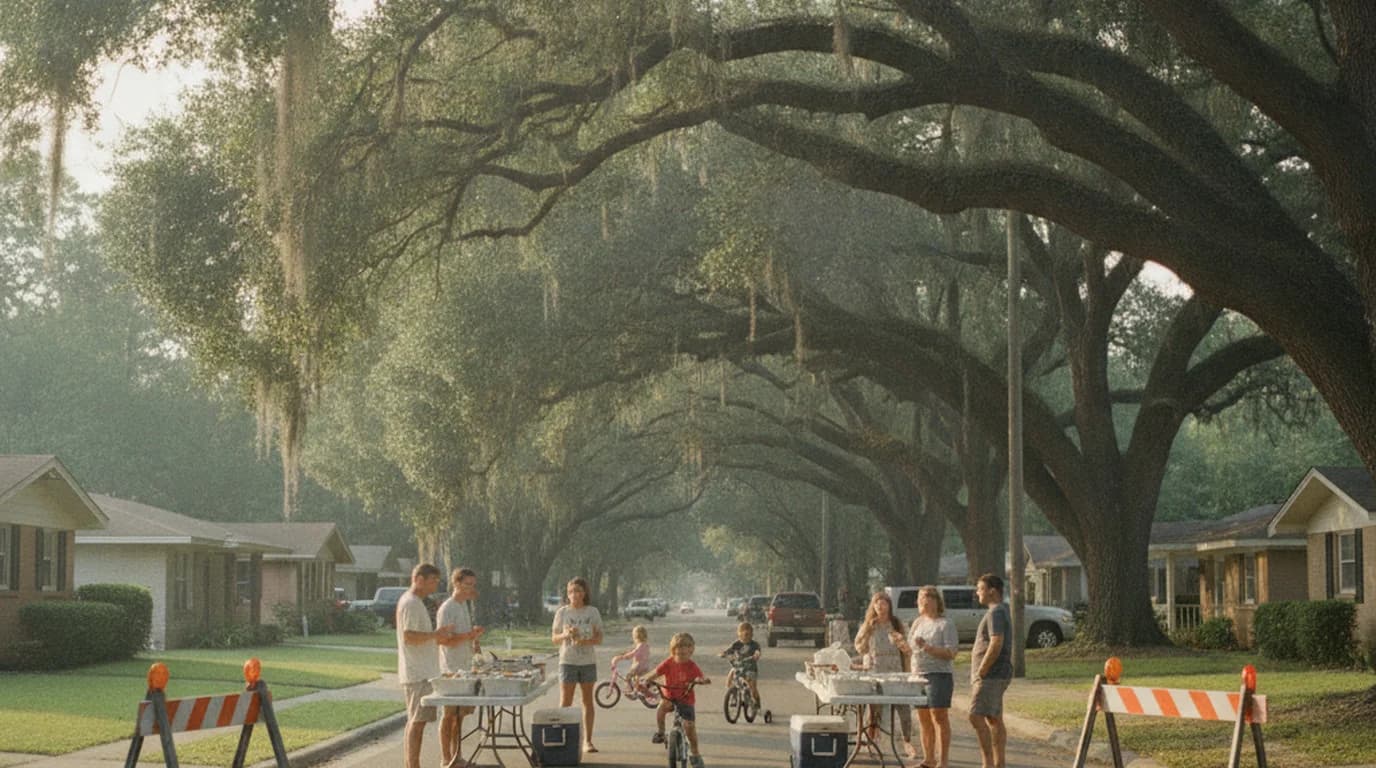 A residential Jacksonville street under live oaks closed for a block party with barricades at the corner and folding tables in the roadway