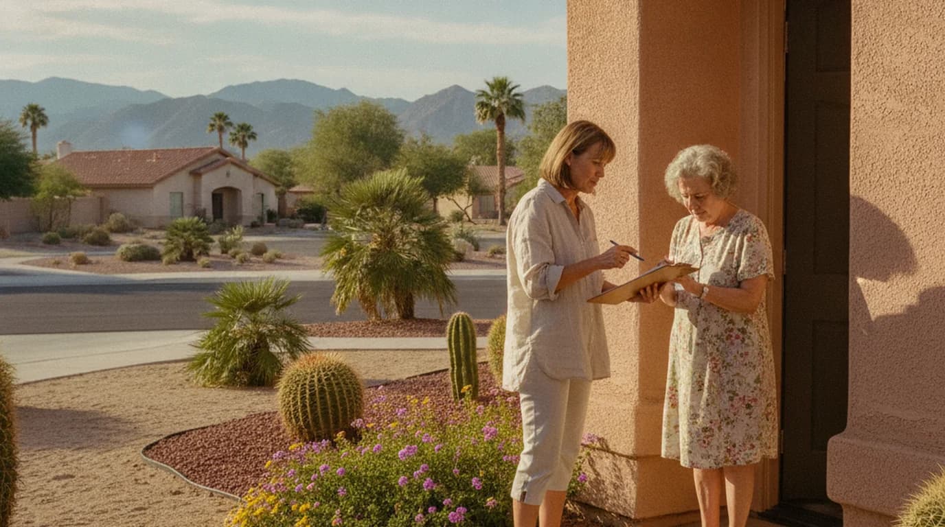 A neighbor signing a petition on a doorstep in a suburban Las Vegas neighborhood with desert landscaping
