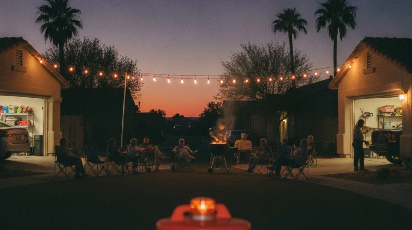 A suburban Las Vegas block party after sunset, with a traffic barrel at the end of the street and neighbors sitting in camp chairs under string lights