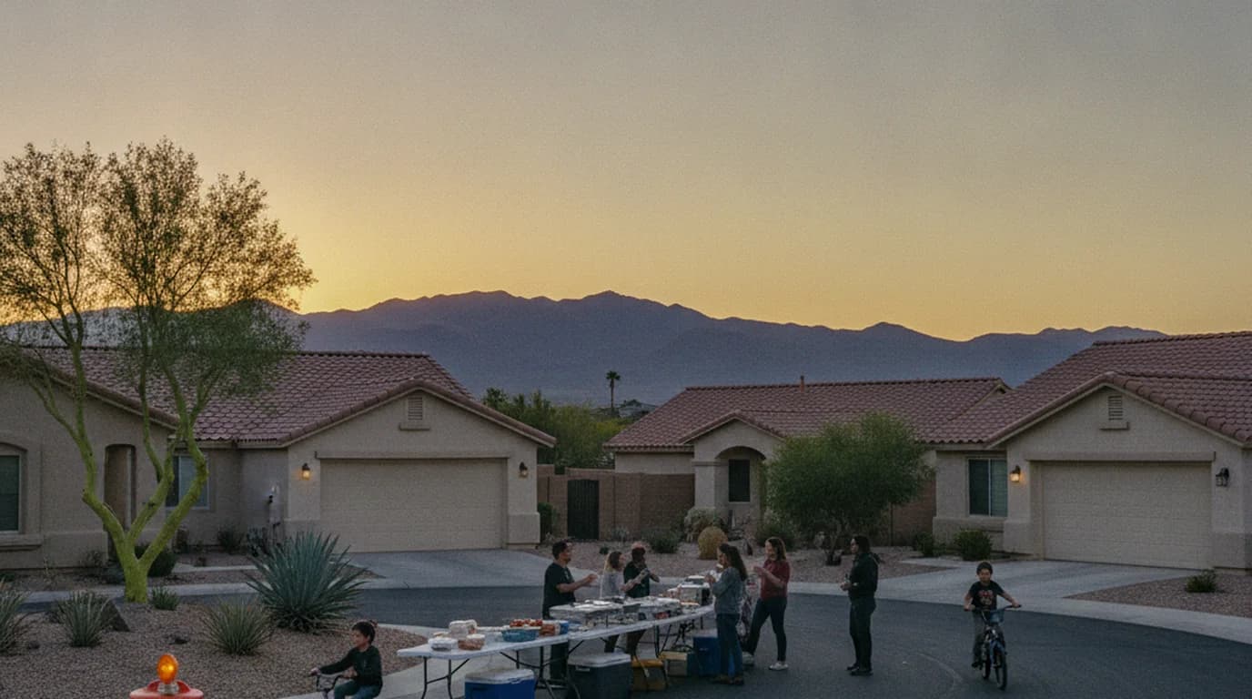 A residential cul-de-sac in the Las Vegas valley closed for a block party at dusk, with folding tables in the street and mountains on the horizon