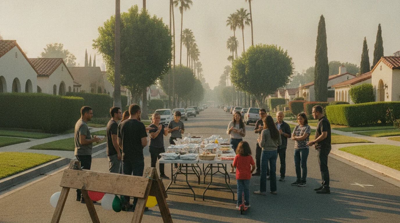 A residential Los Angeles street closed for a block party, with folding tables set up between stucco bungalows and palm trees