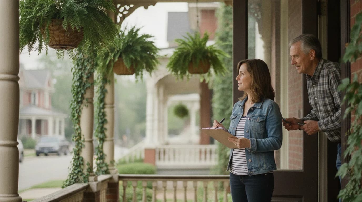 A woman with a clipboard collecting a neighbor's signature on the porch of an Old Louisville Victorian