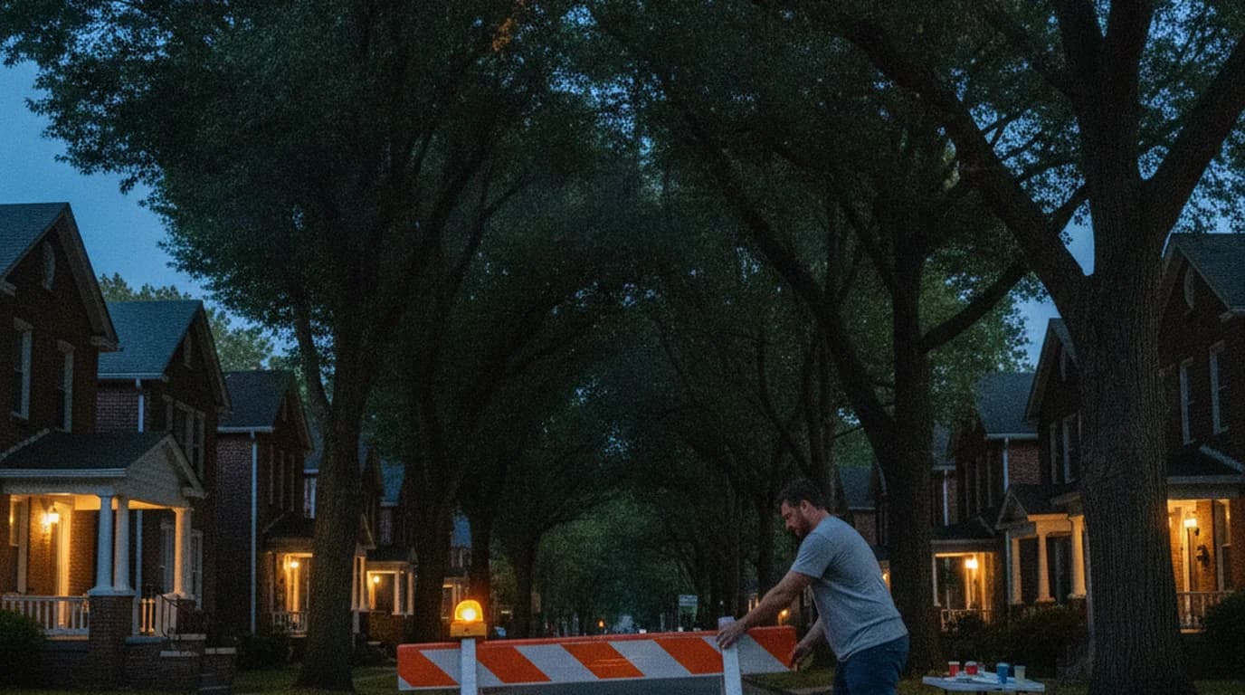A person setting a lighted traffic barricade across the end of a Louisville residential street at dusk