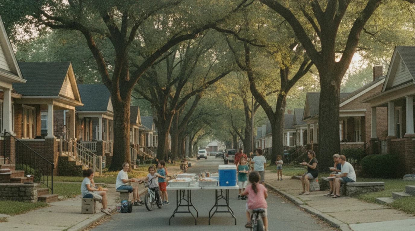A Louisville street of shotgun houses closed for a block party, with folding tables in the road under old shade trees