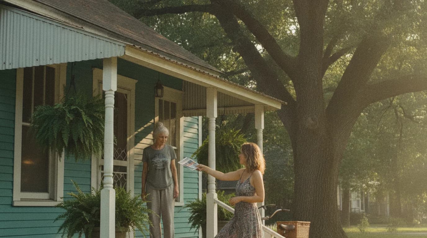 A woman handing a printed flyer to a neighbor on the porch of a Memphis shotgun house