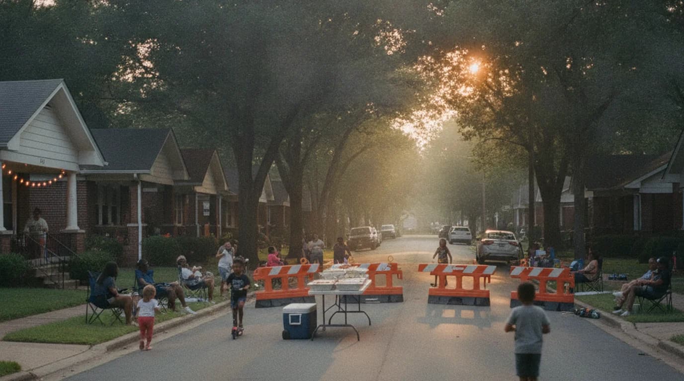 A residential Memphis street closed with barricades for a block party, with folding tables and neighbors in lawn chairs