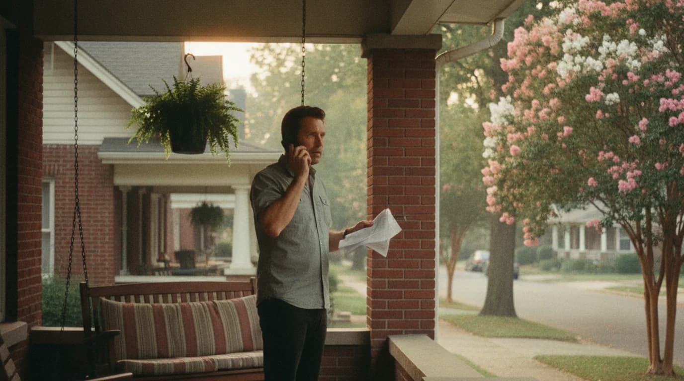 A man on the front porch of a Memphis bungalow talking on the phone while holding a printed application form
