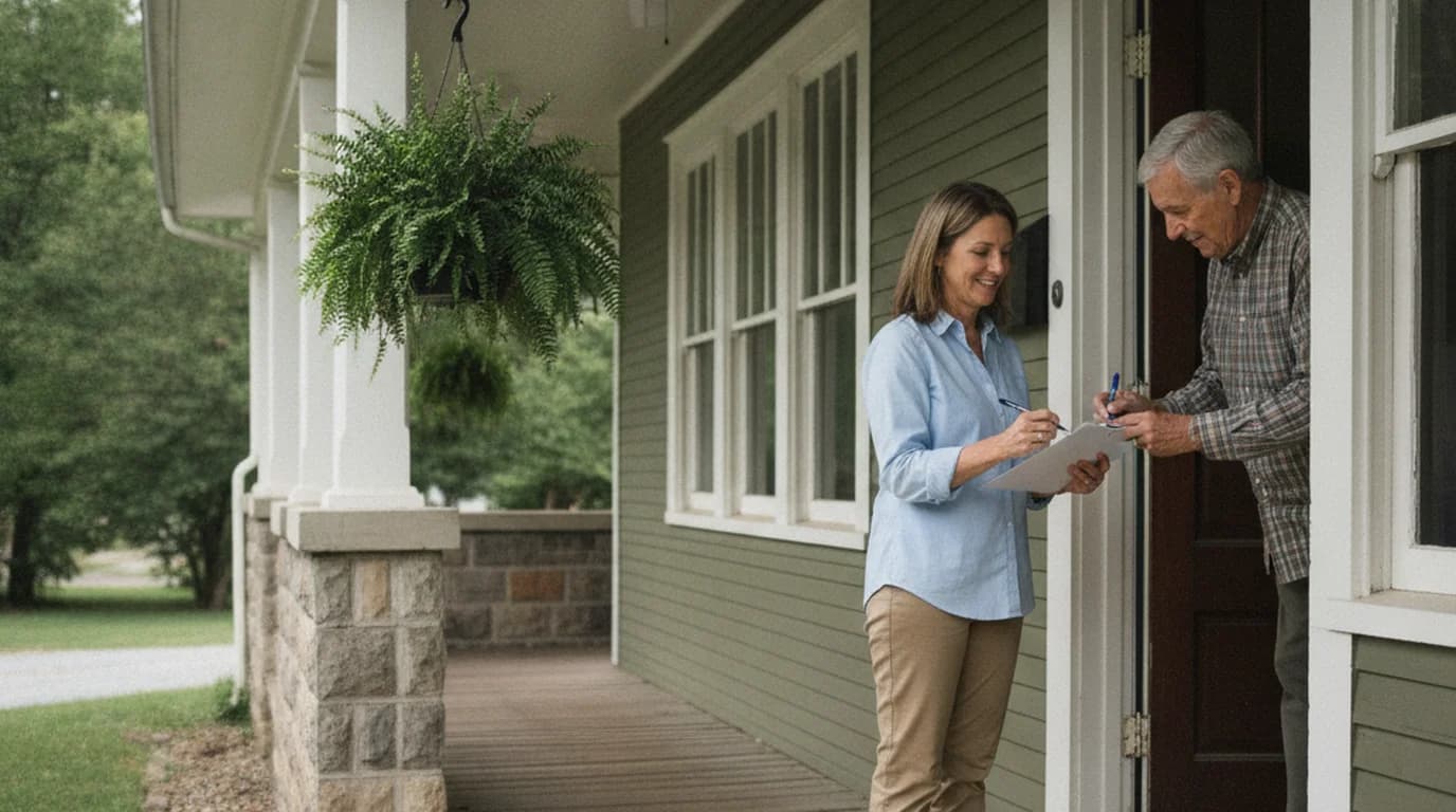 A woman holding a clipboard on a bungalow porch while a neighbor signs the sheet in the doorway