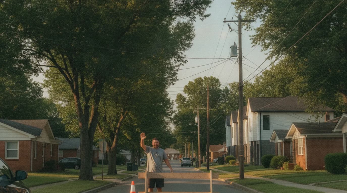 A traffic cone and wooden barricade across the entrance to a residential Nashville street with a neighbor waving a car through