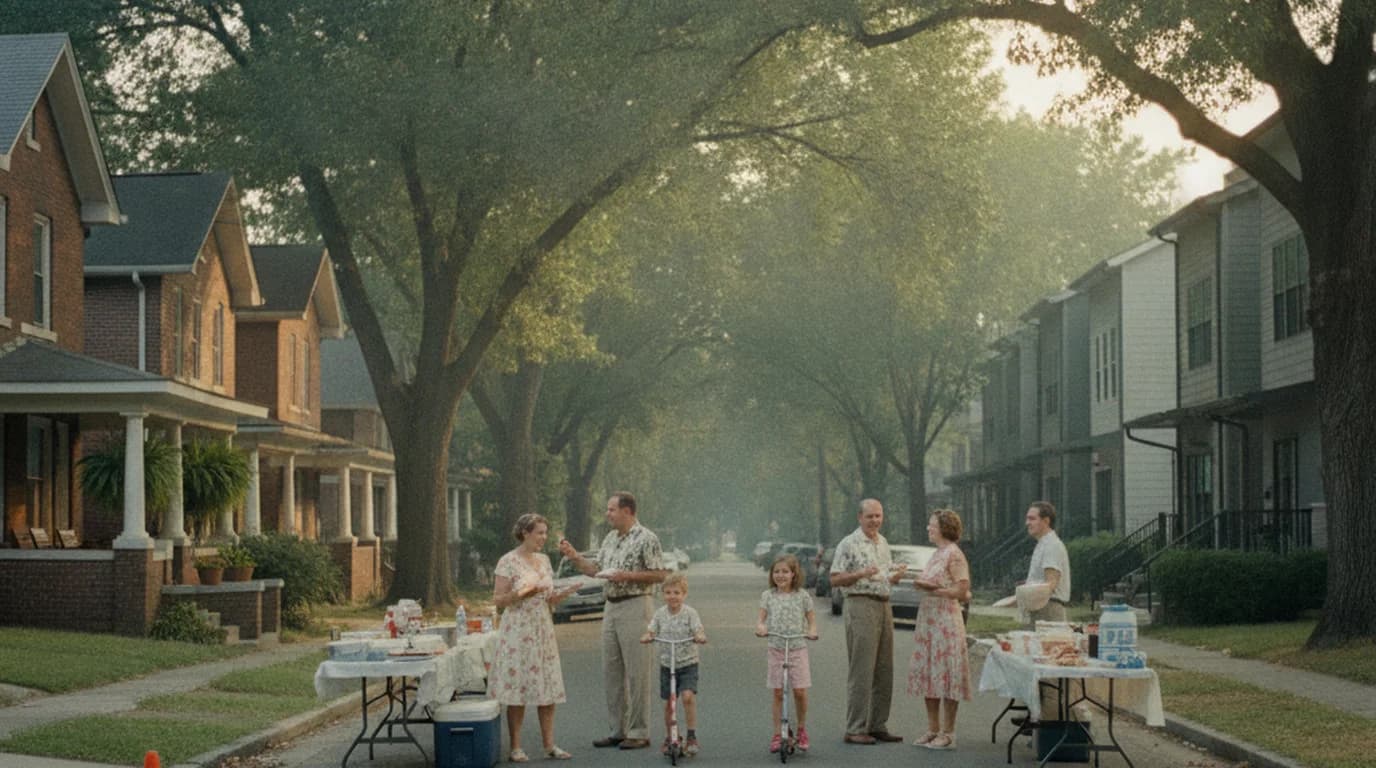A residential Nashville street closed for a block party with folding tables and neighbors standing in the roadway