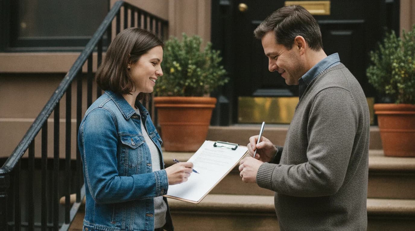 Two neighbors on a brownstone stoop, one holding a clipboard petition while the other signs it