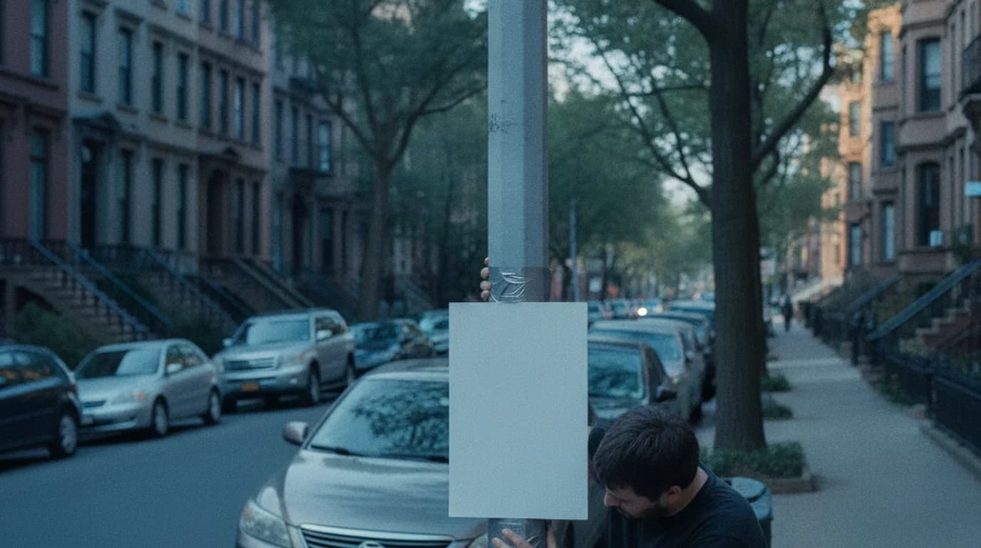 A person taping a blank white placard to a street sign pole on a residential New York block in the early morning