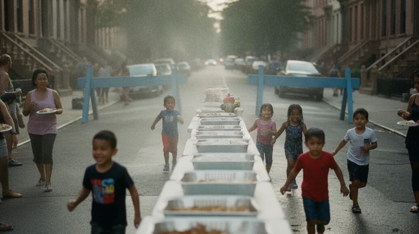 A closed Brooklyn brownstone street set up for a block party with barricades at the corner, folding tables in the roadway, and kids running through hydrant spray