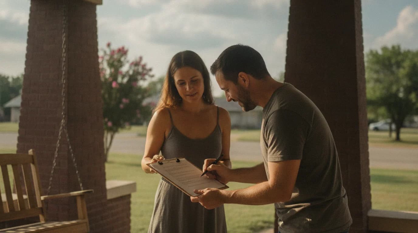 Two neighbors on the porch of an Oklahoma City craftsman bungalow, one holding a clipboard petition while the other signs it