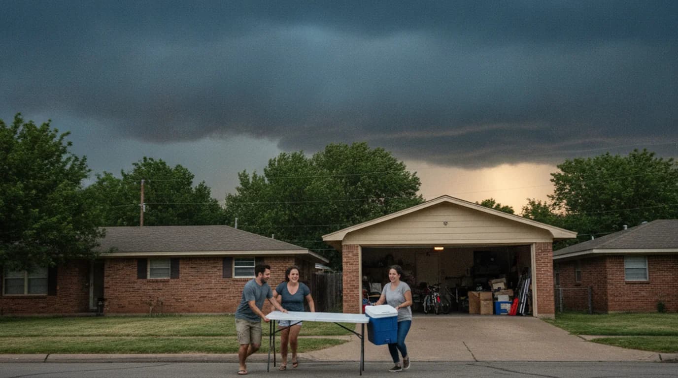 Neighbors carrying a folding table and cooler into an open garage as a dark storm cloud moves over an Oklahoma City street