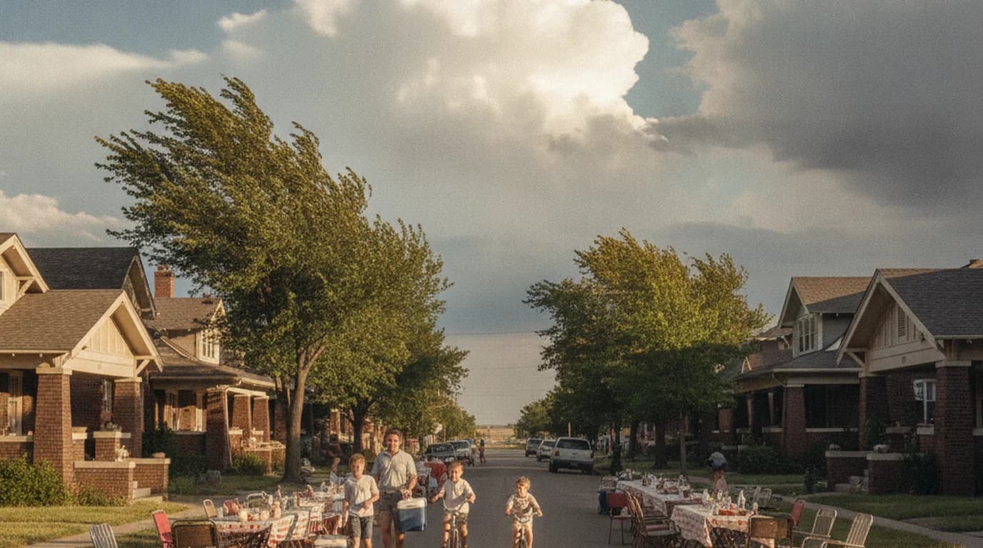 A wide Oklahoma City residential street closed for a block party, with folding tables in the road and huge cumulus clouds stacking up over the bungalows