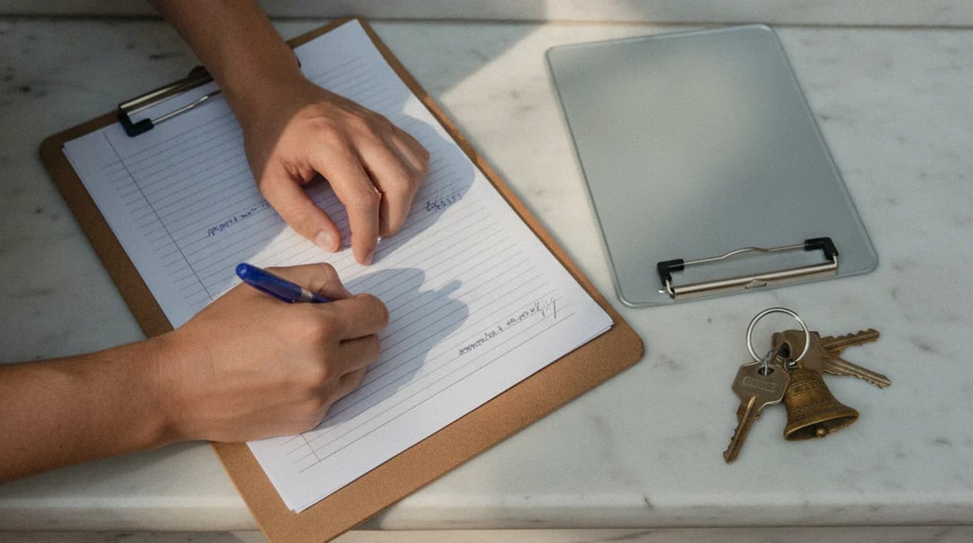 A hand signing a paper petition on a clipboard resting on a marble stoop