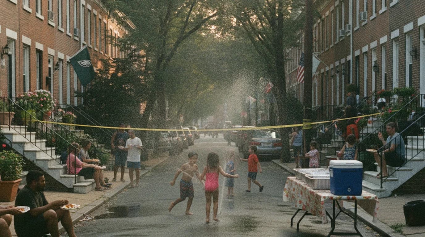 A narrow Philadelphia rowhouse street closed for a block party, with folding tables and children playing in the street