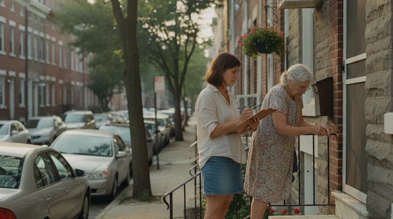 A woman holding a clipboard while a neighbor signs a petition in the doorway of a Philadelphia rowhouse