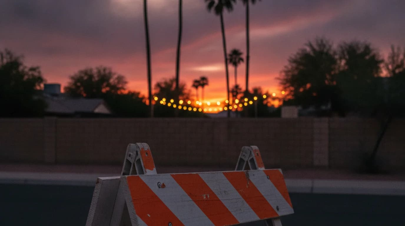 A striped traffic barricade set across the entrance to a residential street at dusk, with string lights glowing further down the block