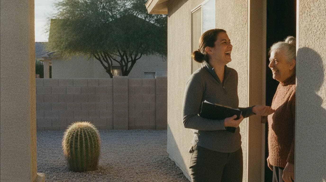 A woman with a clipboard talking with an older neighbor at their front door in a Phoenix neighborhood