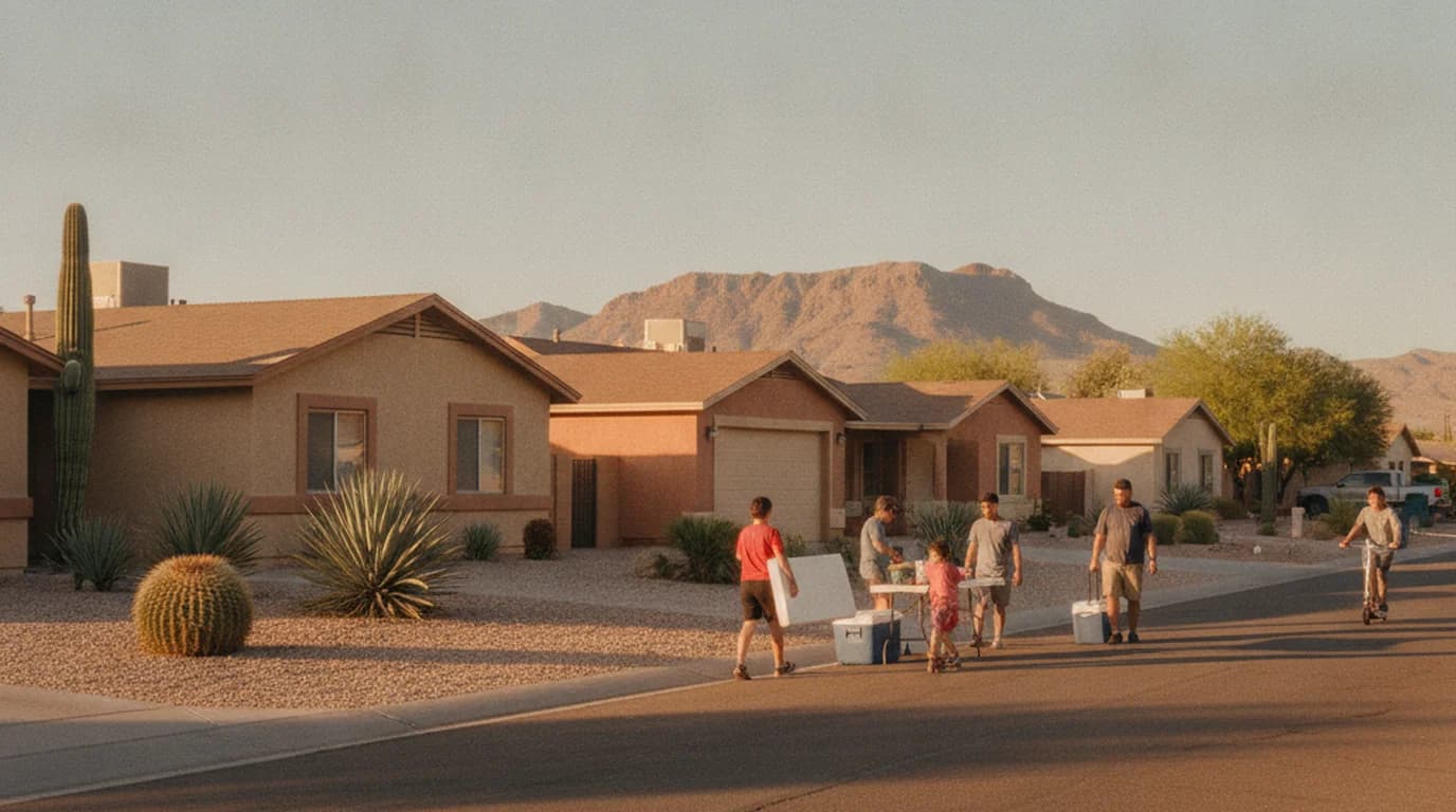 Neighbors carrying folding tables and coolers into a quiet Phoenix street at golden hour, with low stucco houses and long shadows