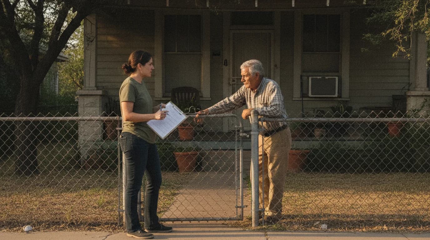 A neighbor with a clipboard talking to an older man over a fence outside a San Antonio bungalow