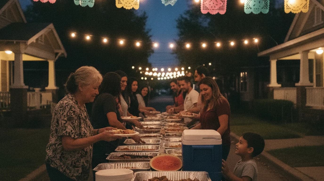 Neighbors serving themselves from a potluck table in a closed San Antonio street at dusk under string lights