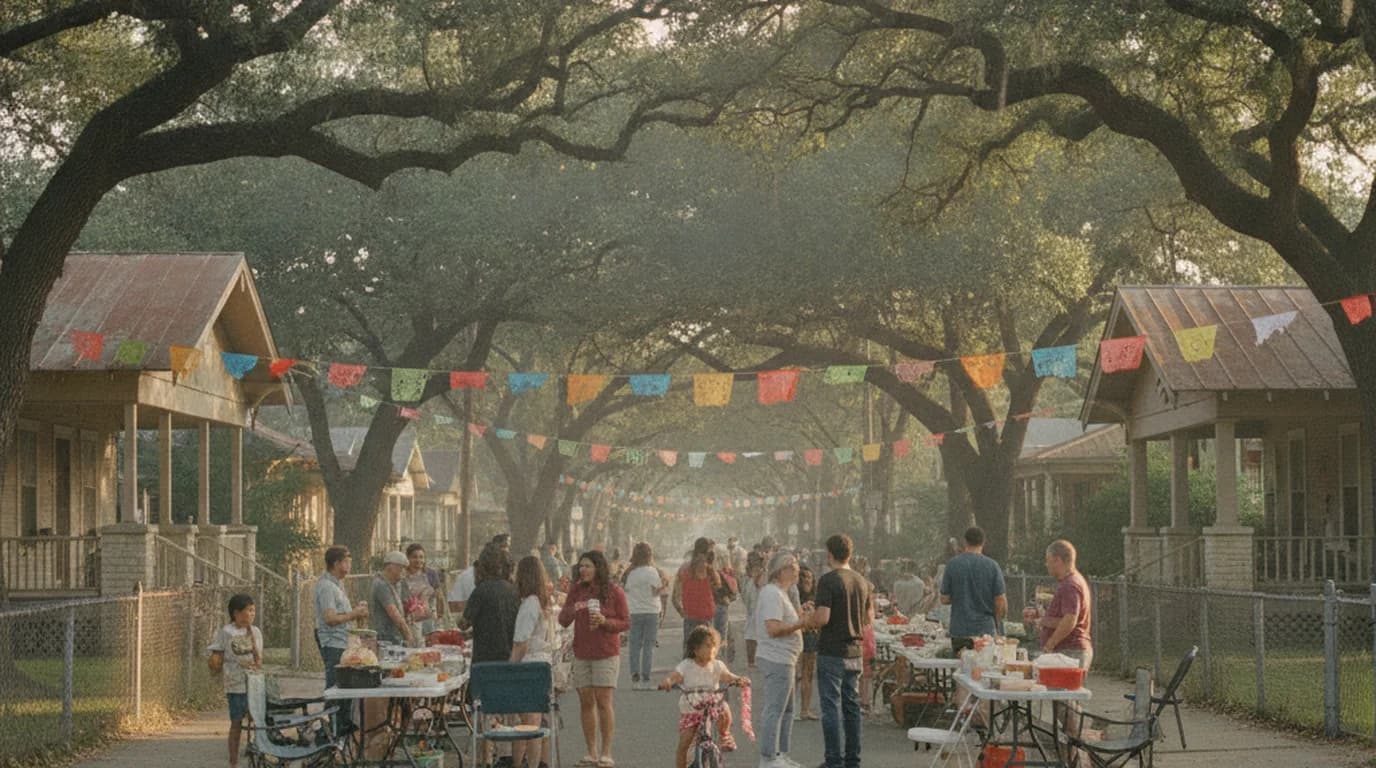 A residential San Antonio street closed for a block party, with papel picado strung overhead and folding tables set up in the road