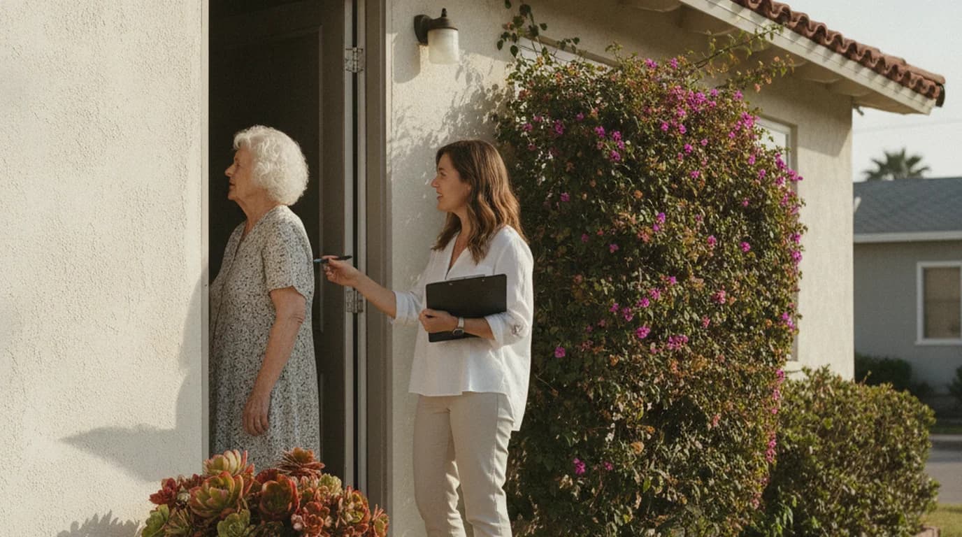 A resident with a clipboard collecting a neighbor's signature on a front doorstep