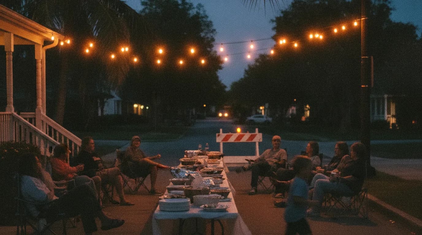 A residential street party at dusk with string lights, a potluck table, and an illuminated barricade at the end of the block