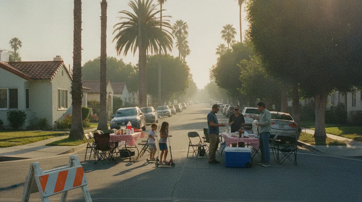 Neighbors gathered around folding tables on a closed residential street in San Diego at golden hour, with a traffic barricade at the intersection