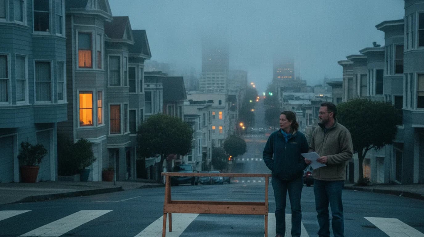 Neighbors standing at a barricade at the end of a steep San Francisco residential street