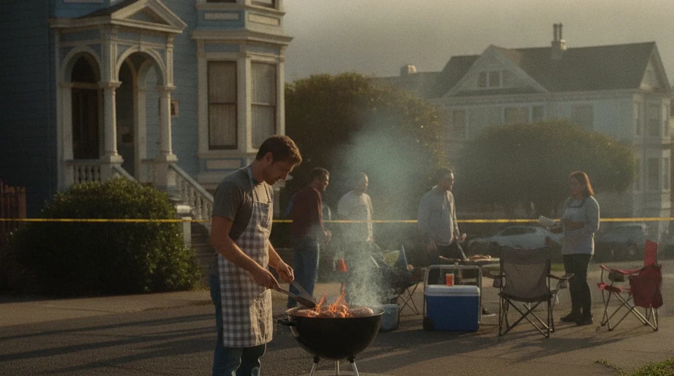 A neighbor grilling on a driveway beside a closed residential street at golden hour