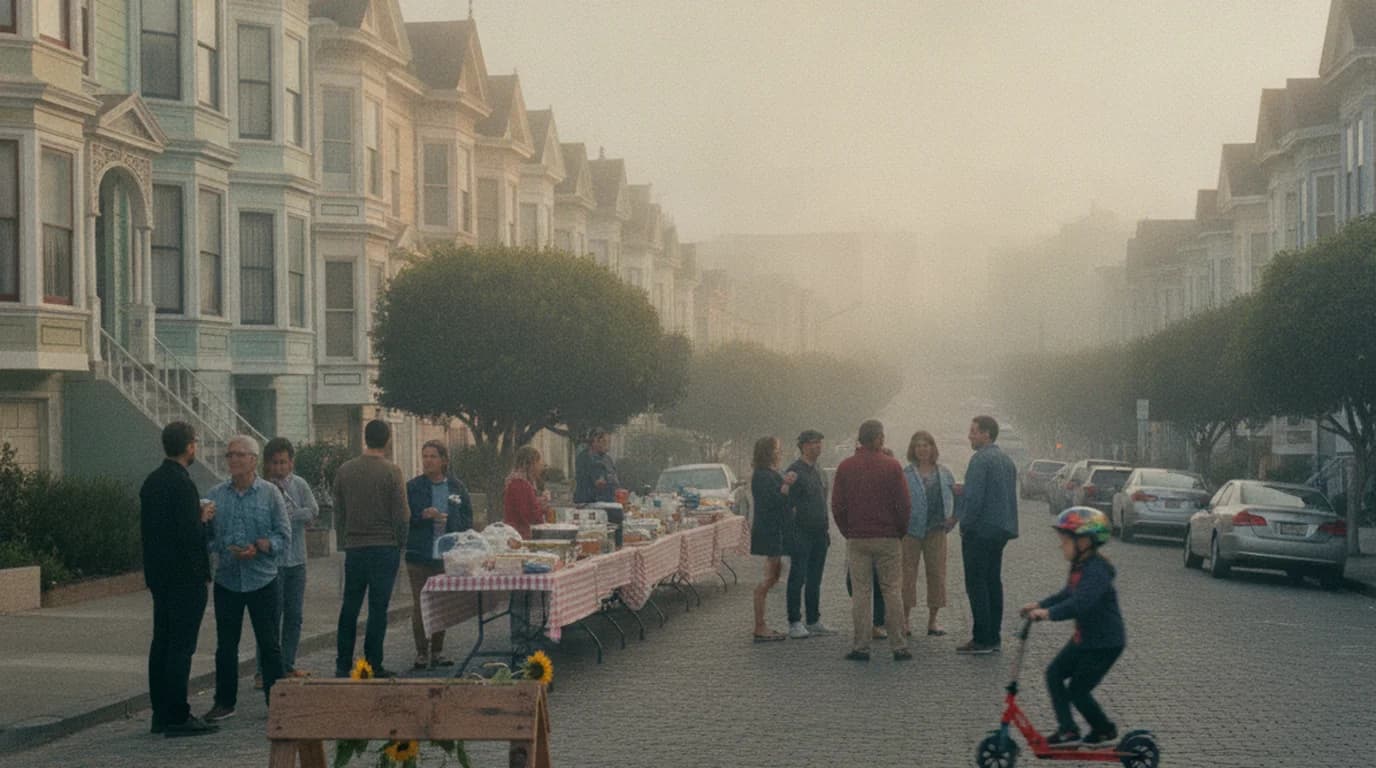 A residential San Francisco street closed to traffic for a neighborhood block party, with folding tables set up between rows of Victorian houses